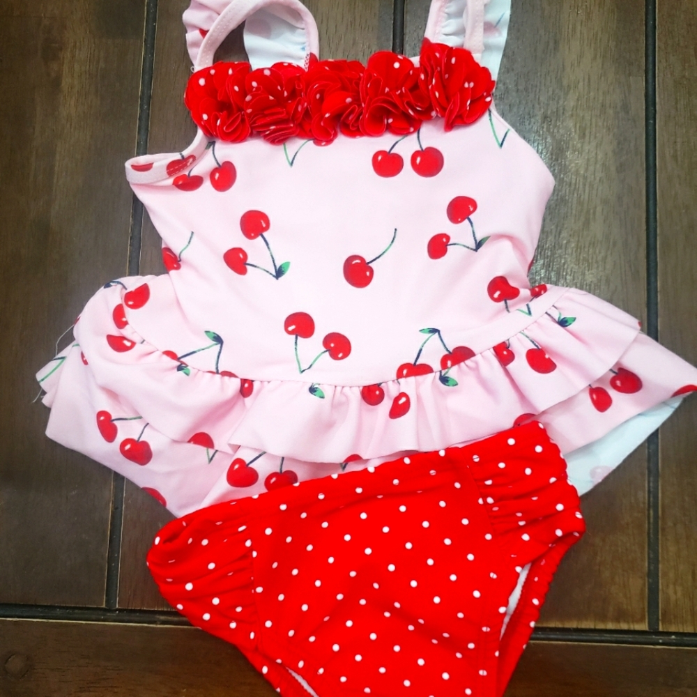 Cherry print baby girl two piece bathing suit. Size 6-9 months. Little Me brand.